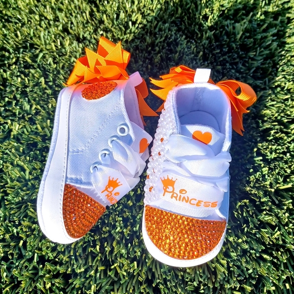 Orange Princess Embellished Baby Shoes with bow: OTHER COLORS AVAIL. BY REQUEST - Picture 3 of 6